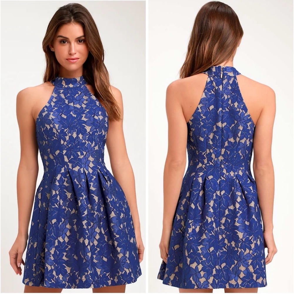 Lulus Royal Blue Lace Halter Crochet Skater Dress Embroidered Women size Large